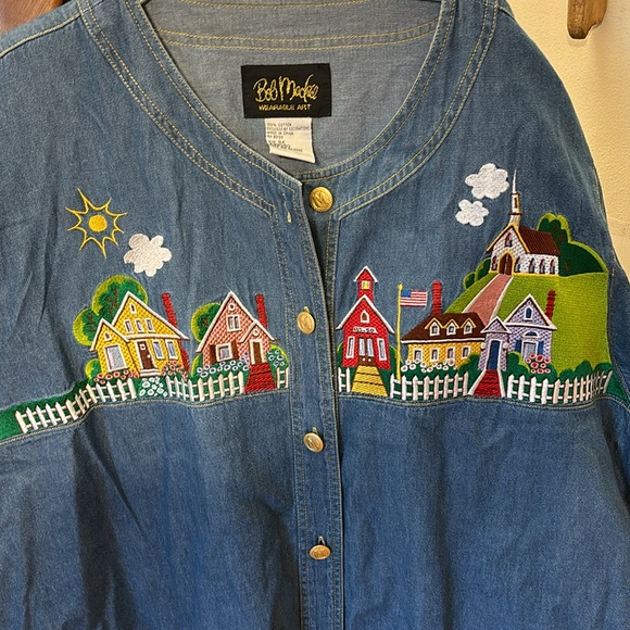 Bob Mackie Women's Embroidered Small Town Long Sleeve Button Up Denim Shirt 3x - Picture 4 of 4